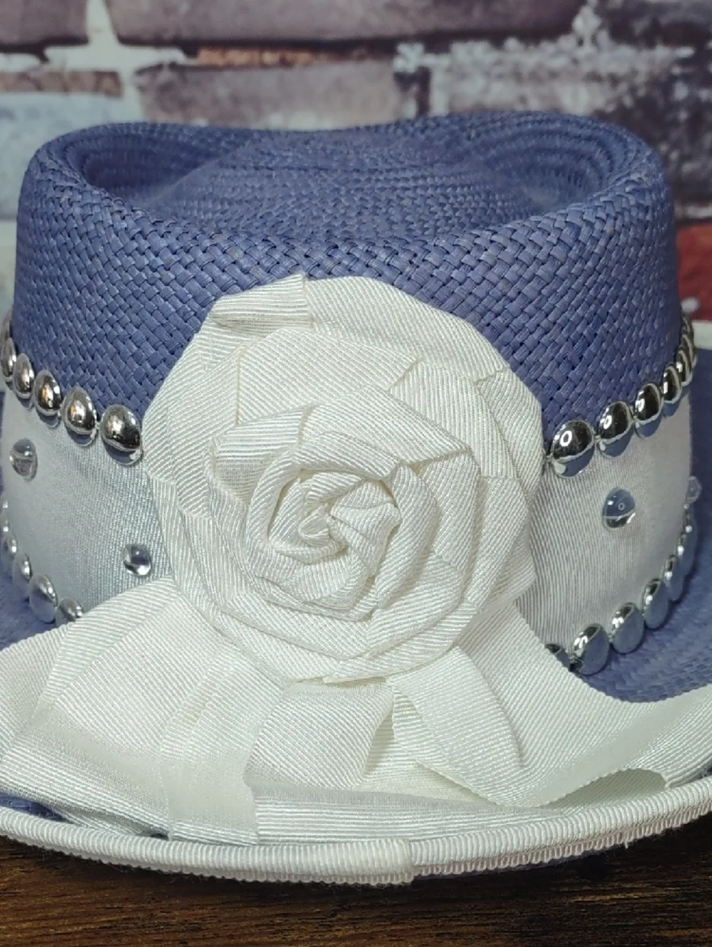 Blue Straw Boater Hat with White Studded Band - Picture 7 of 7